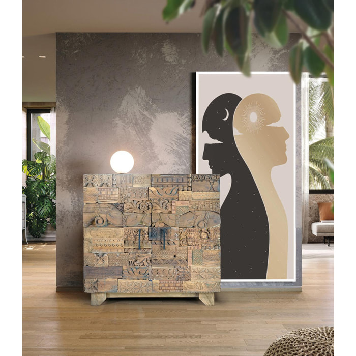 Aparador de Madera de Mango, Madera Recuperada Estilo Boho Étnico Tallado