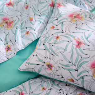 Parure de lit 2 pièces coton floral exotique housse + taie - Bleu