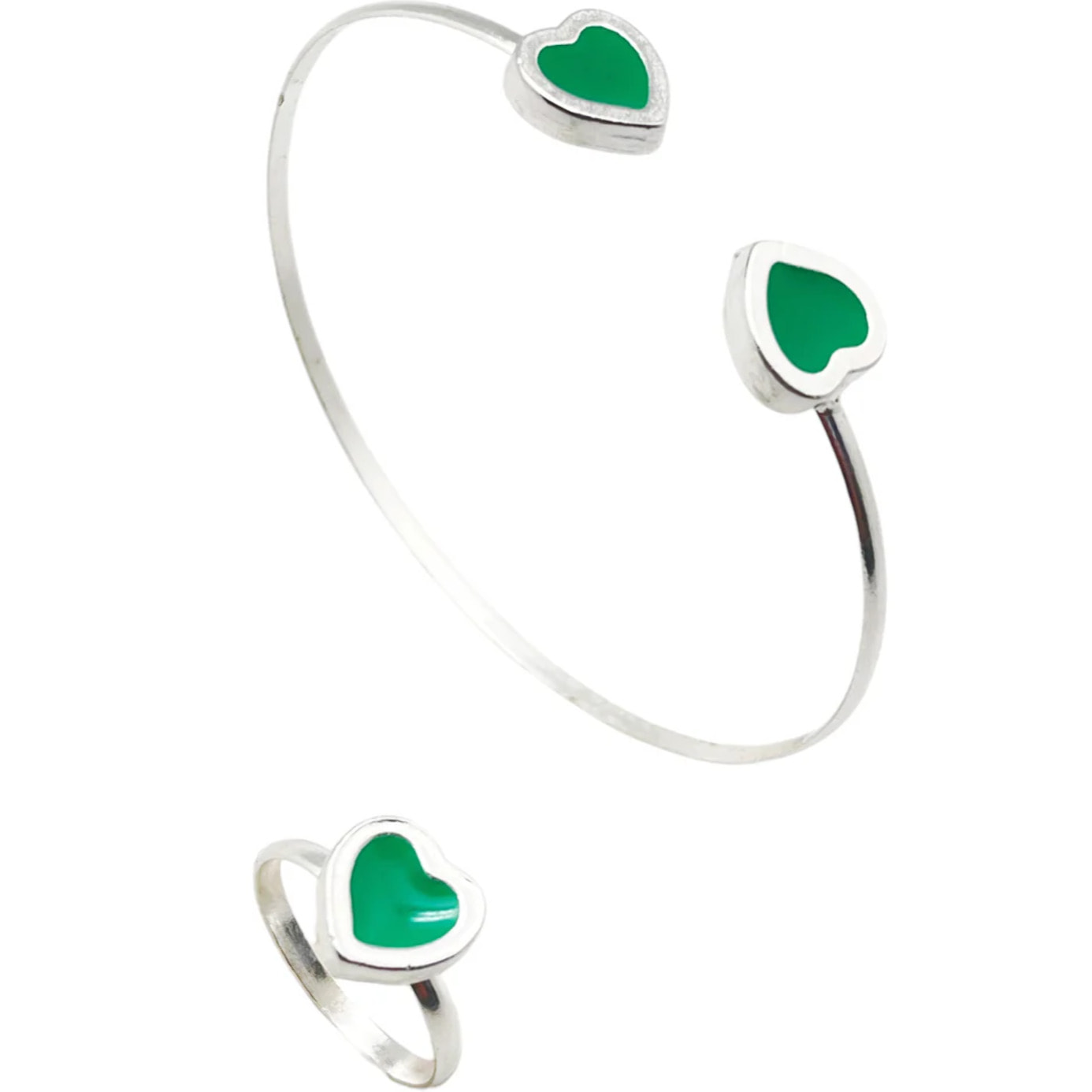 Conjunto Colors Corazón Pulsera y anillo plata 10µ Verde