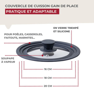 Couvercle de cuisson adaptable de 16 à 20 cm en verre et silicone Fackelmann