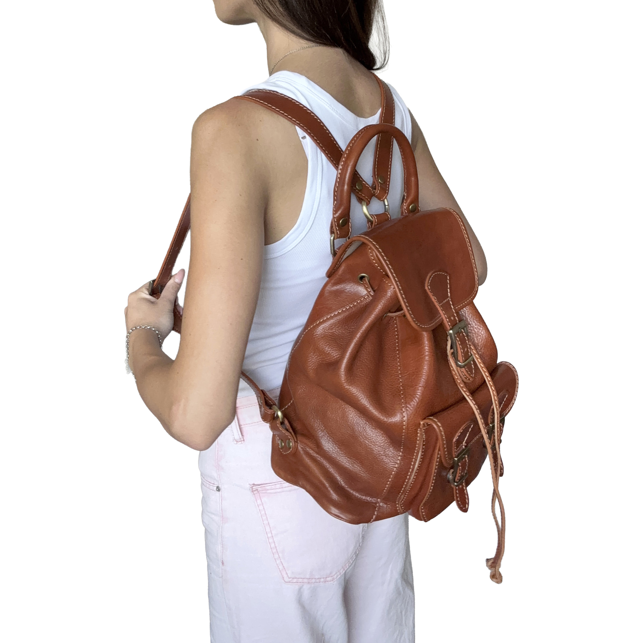 Zaino Donna in Vera Pelle, Zaino Elegante Vintage con Tasca Frontale e Chiusura Magnetica e a Coulisse
