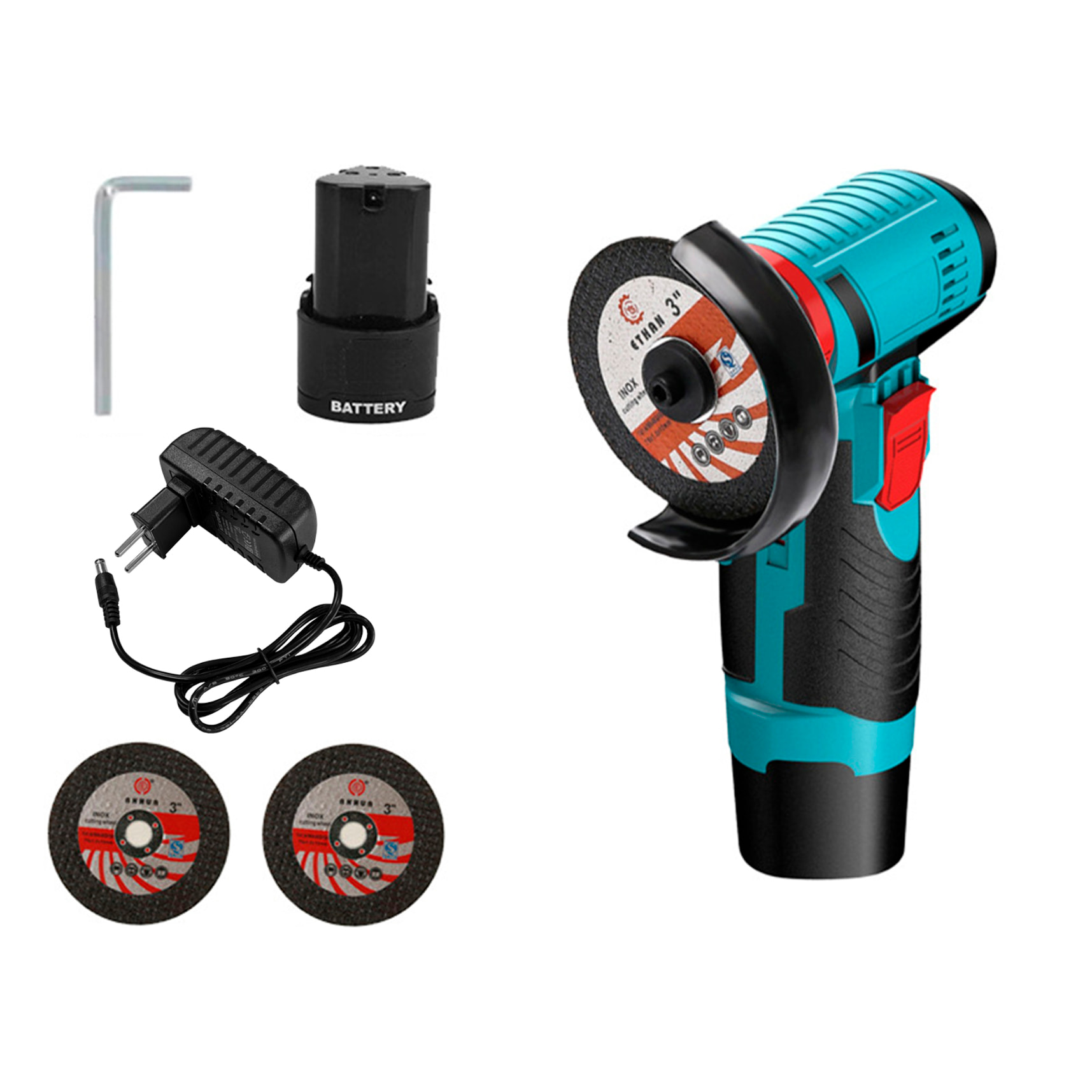 Radial angular 12V con 200W de potencia y doble batería de 13000mAh.