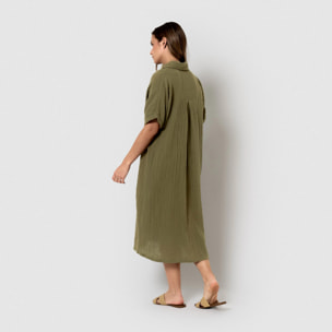 Vestido midi manga fluida muselina verde cacería