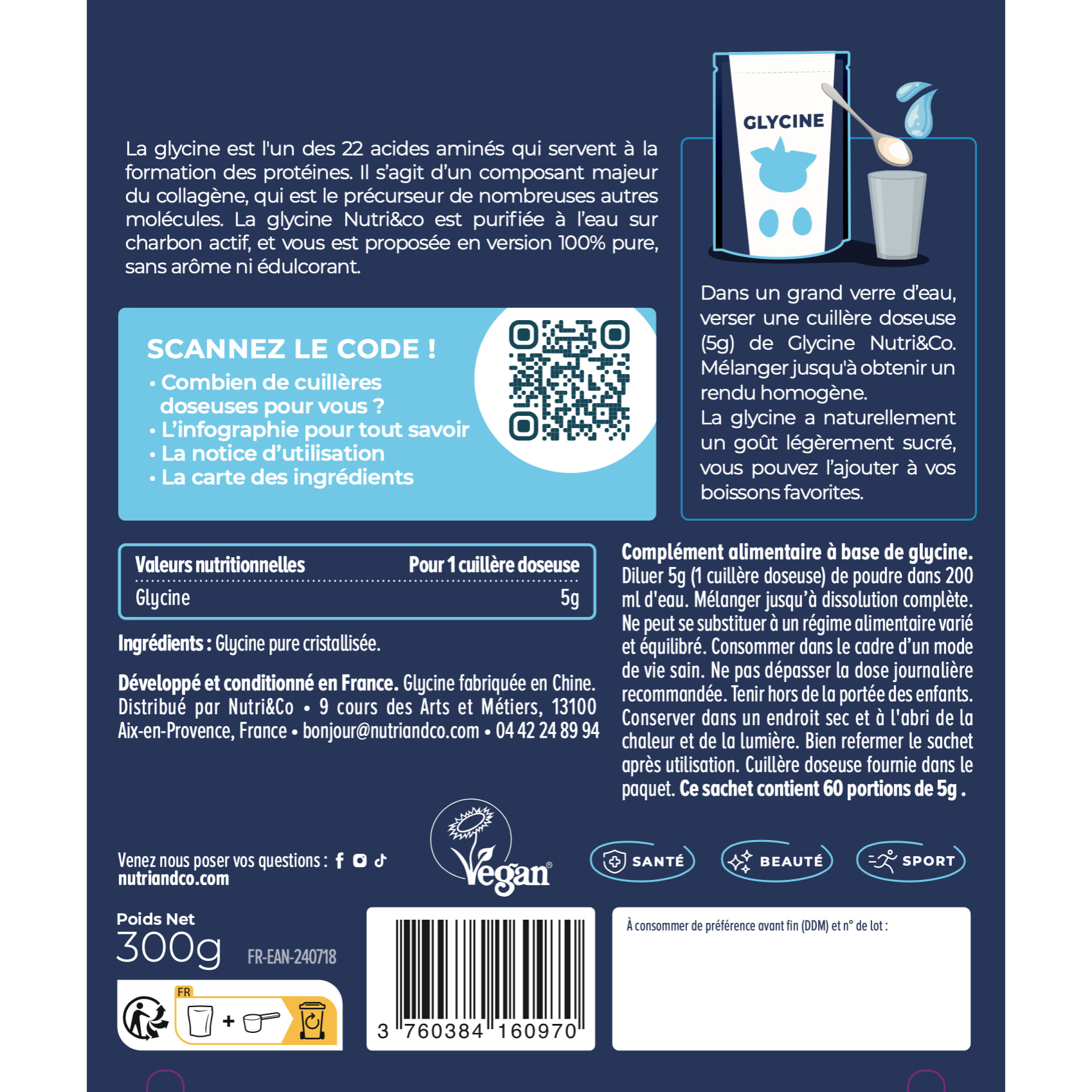 Nutri&Co Glycine Crystallisée 100% Pure en Poudre - 300g Vegan