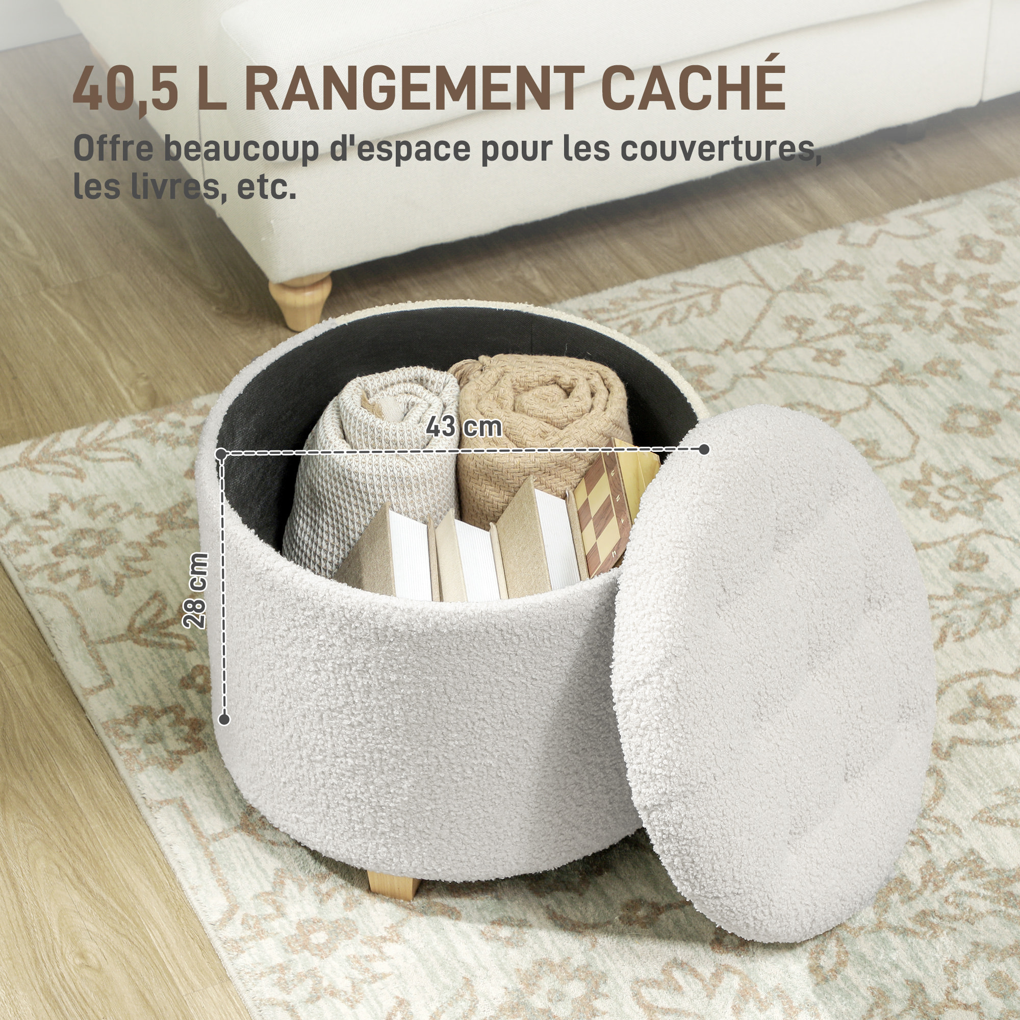 Pouf coffre rangement en tissu bouclette, charge 120 Kg, Ø 45 x 41 cm, blanc
