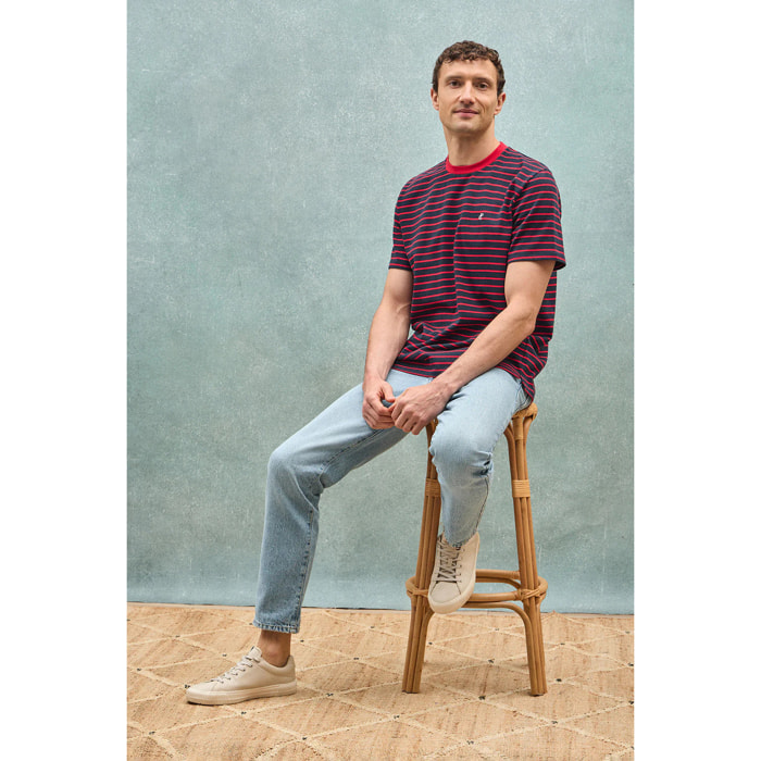 Maglietta a righe rosse e blu marino e beige con monogramma ricamato