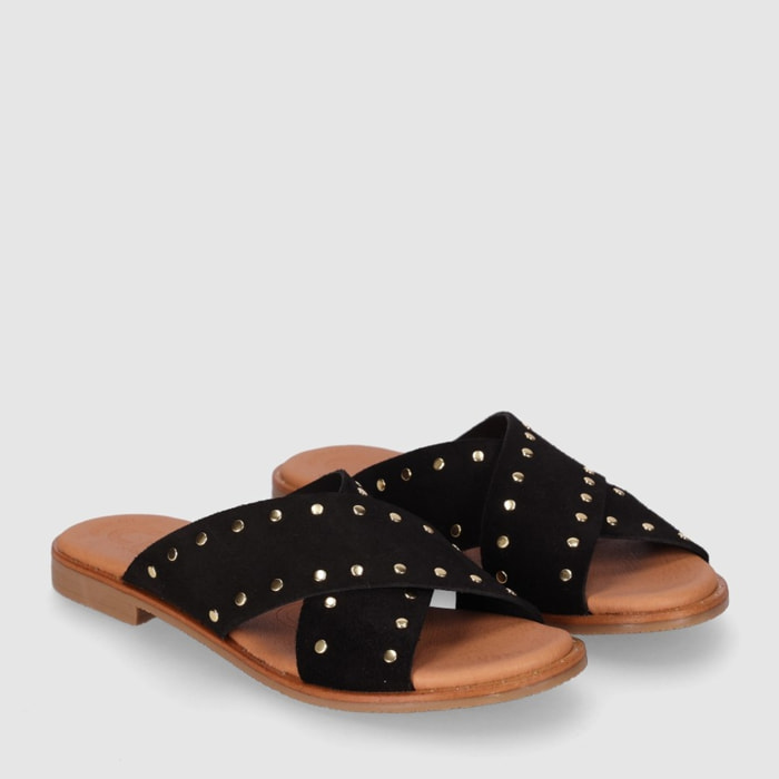 Sandalias de Serraje - Negro - Tacón: Bajo