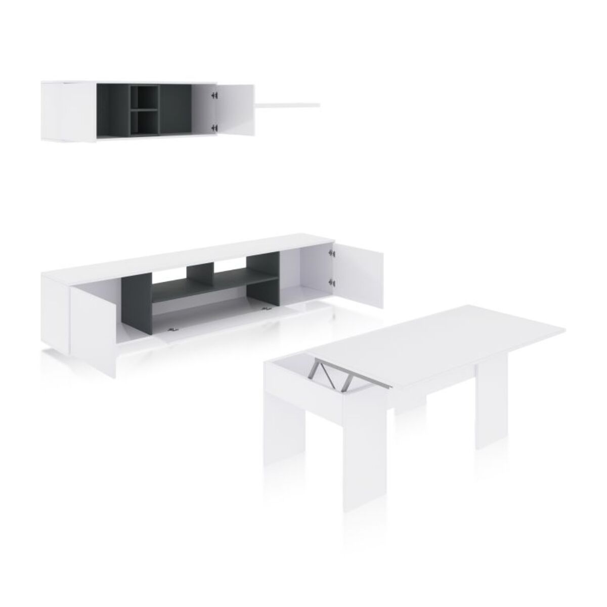 Pack salón con mesa de centro Kenzo Plus V2 Blanco Brillo - Gris Antracita
