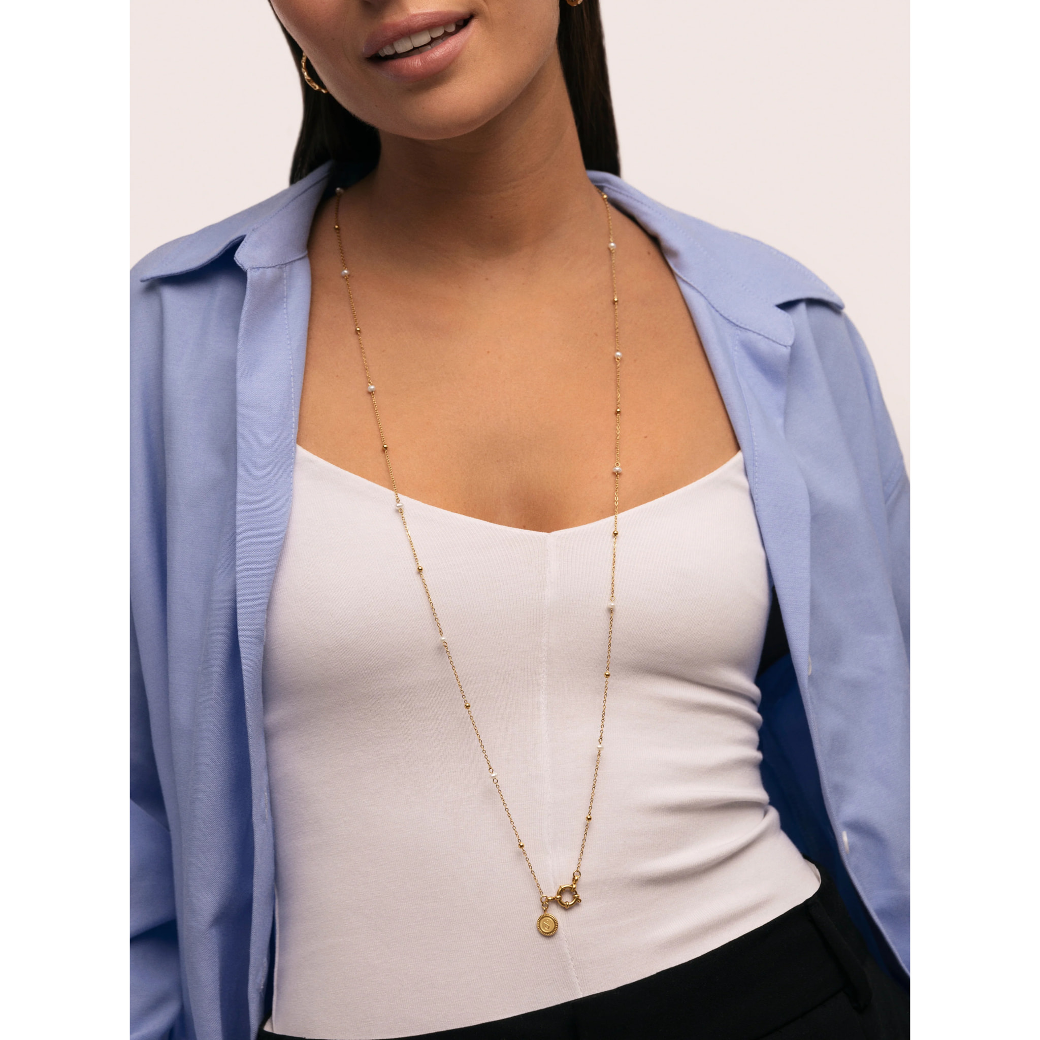 Collana Long Pearl Dots Acciao Placcato Oro