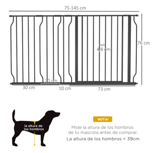 Barrera de Seguridad de Perros Extensible para Escaleras y Puertas 75-145 cm con Extensiones Montaje a Presión Acero Altura 76 cm Negro