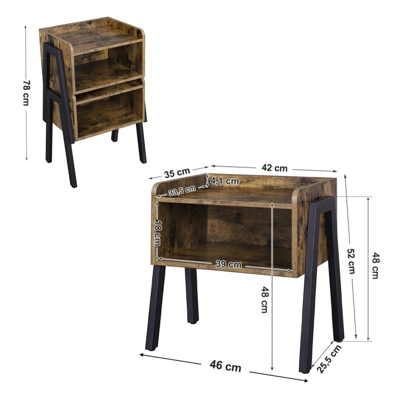 Comodino tavolino stile loft rustico in legno e ferro nero LET54X