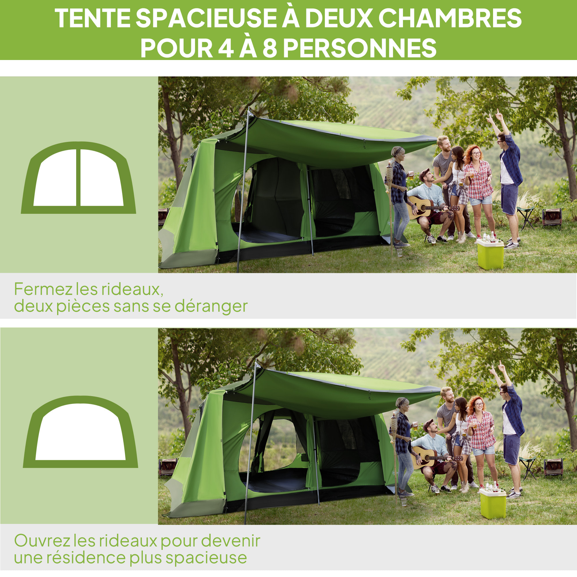 Tente de camping familiale avec porche 4 à 8 personnes sac de transport inclus vert