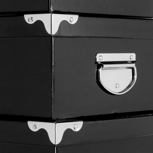 6 boîtes noires, coins en métal, carton