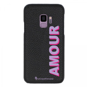 Coque Samsung Galaxy S9 effet cuir grainé noir Amour parme et fushia Design La Coque Francaise