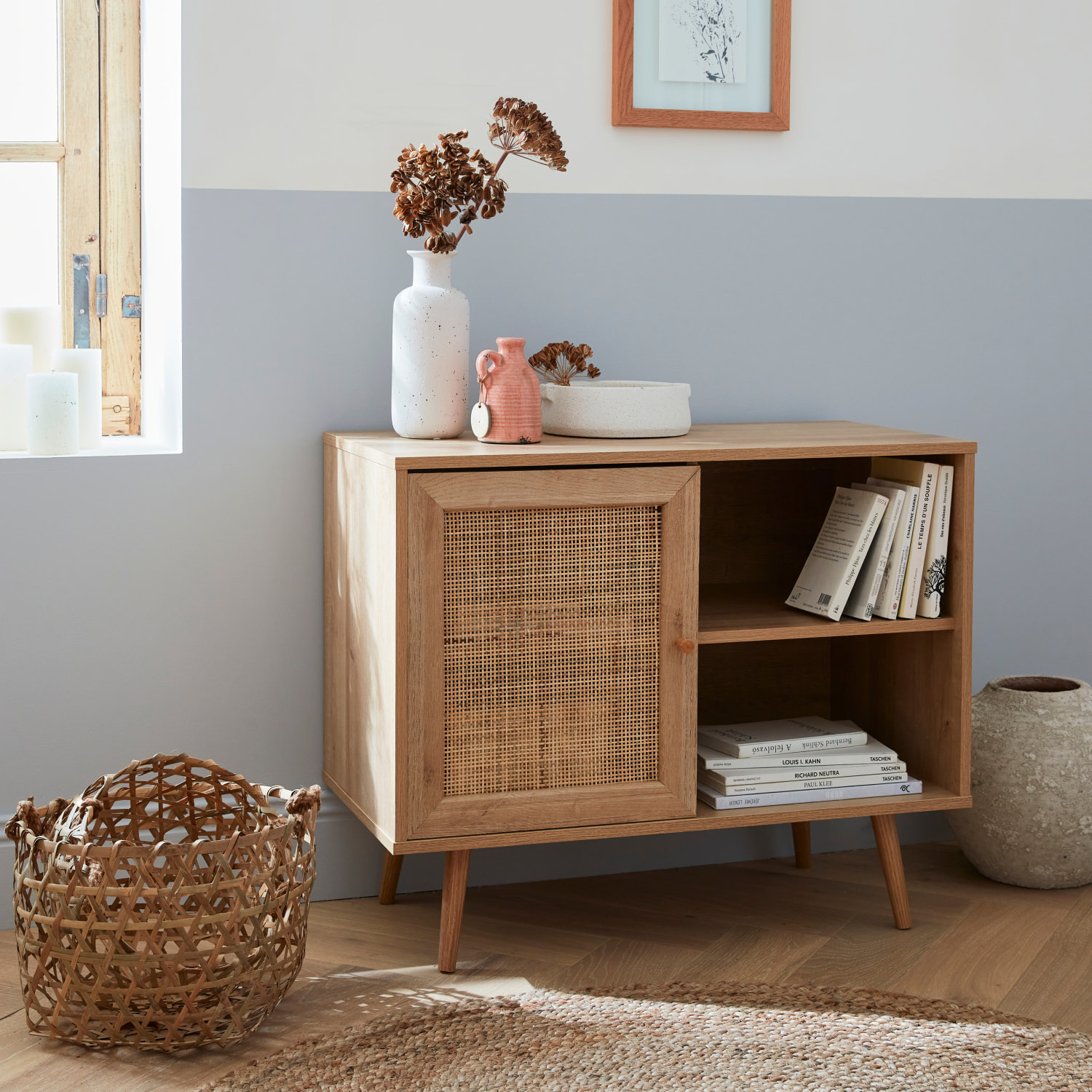 Buffet scandinave décor bois et cannage 1 porte 80cm BOHÈME