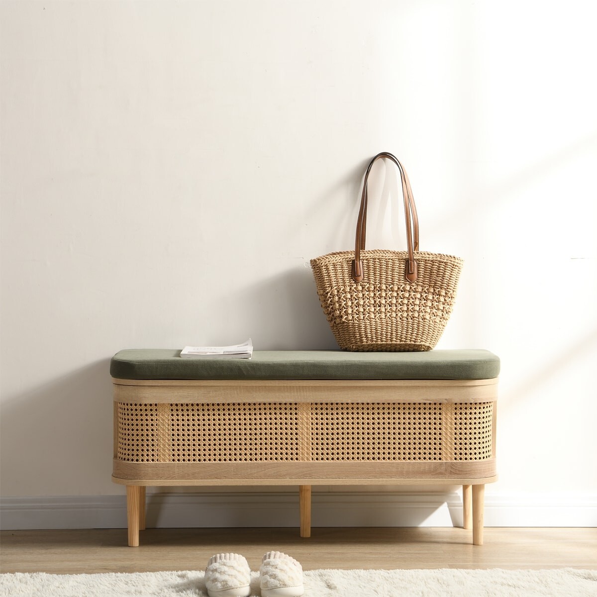 Banc d'entrée avec rangement en bois et cannage - BALI