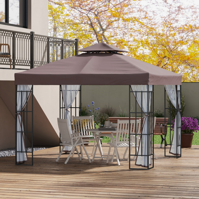 Conjunto de 1 Cenador de Jardín 3x3 m con Doble Techo 4 Mosquiteras Extraíbles Anti-UV y 1 Techo de Repuesto para Fiestas Eventos Café y Teja