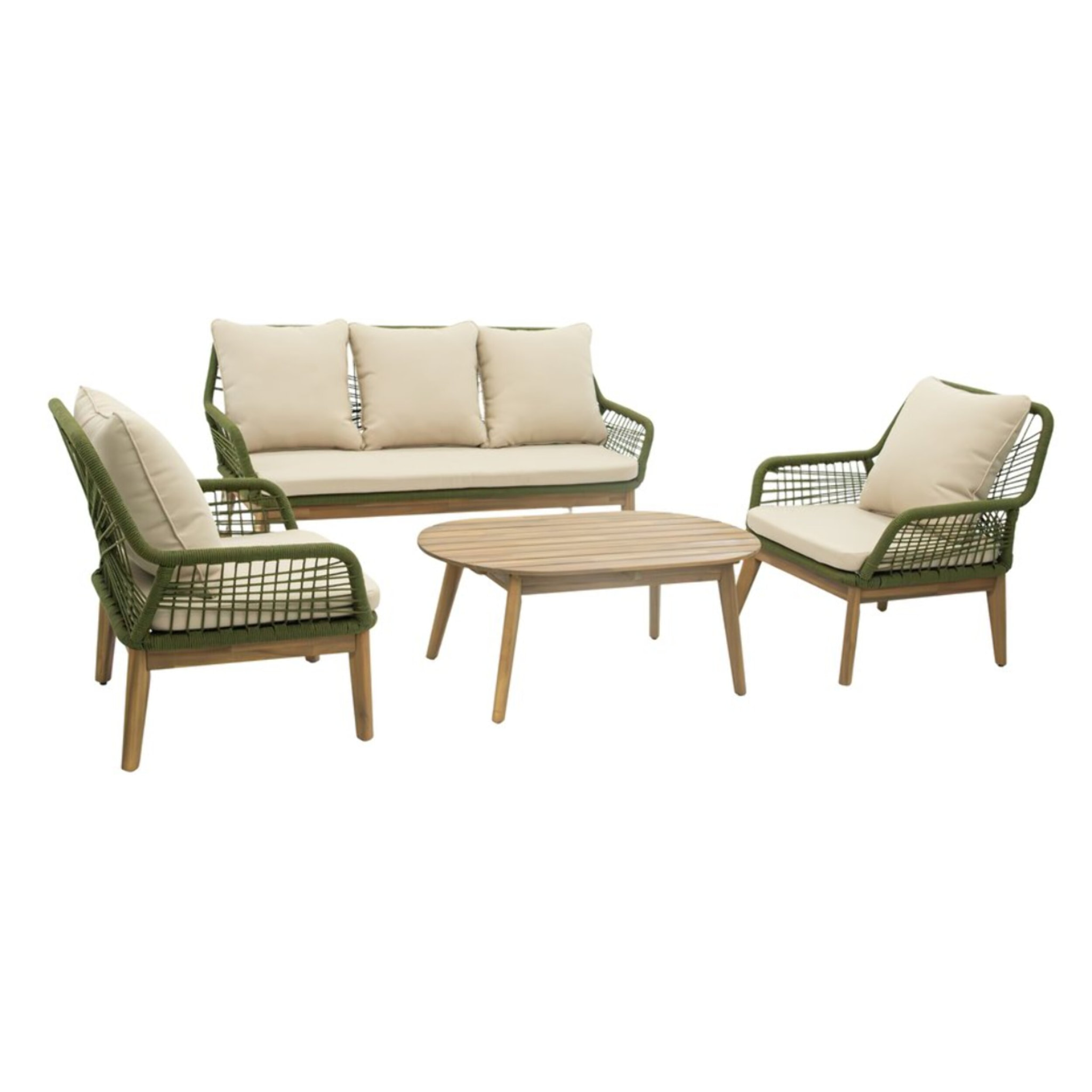 Ensemble de canapé, fauteuil et chaise de jardin Kairo -bois massif dacacia, corde et revêtement-couleur naturel 0 x 0 x 0 cm