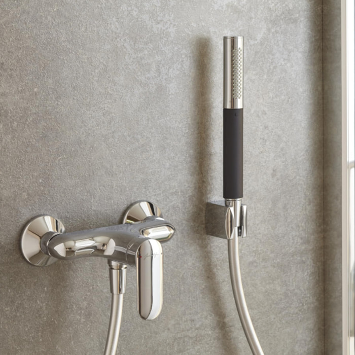 Pommeau de douche 2 jets Shift Ellipse noir et chrome + flexible de douche lisse anti-torsion 160 cm Chrome