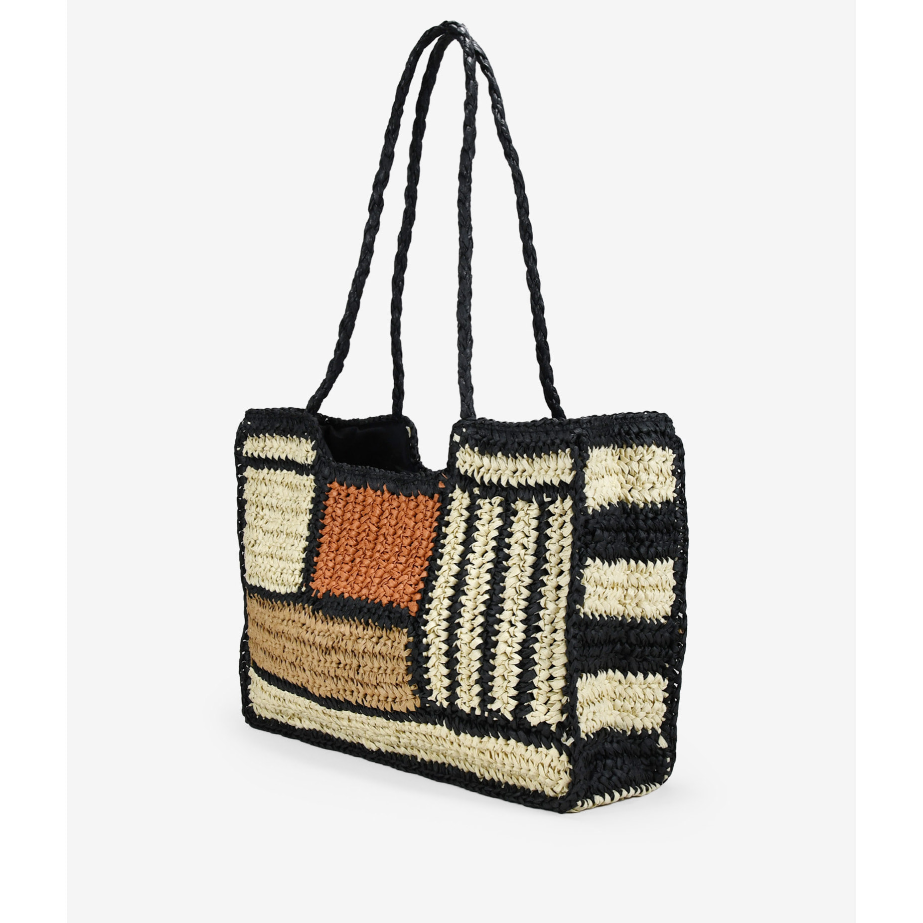 Bolso de hombro negro y beige de esparto
