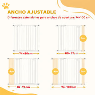 Barrera de Seguridad para Perros Extensible 74-100 cm, para Puertas y Escaleras, Barrera para Perros Medianos, Cierre Automático Montaje a Presión Doble Bloqueo 2 Extensiones 7/14 cm, Blanco
