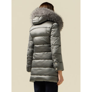 Oltre - Plumífero midi con capucha y borde peludo - Gris