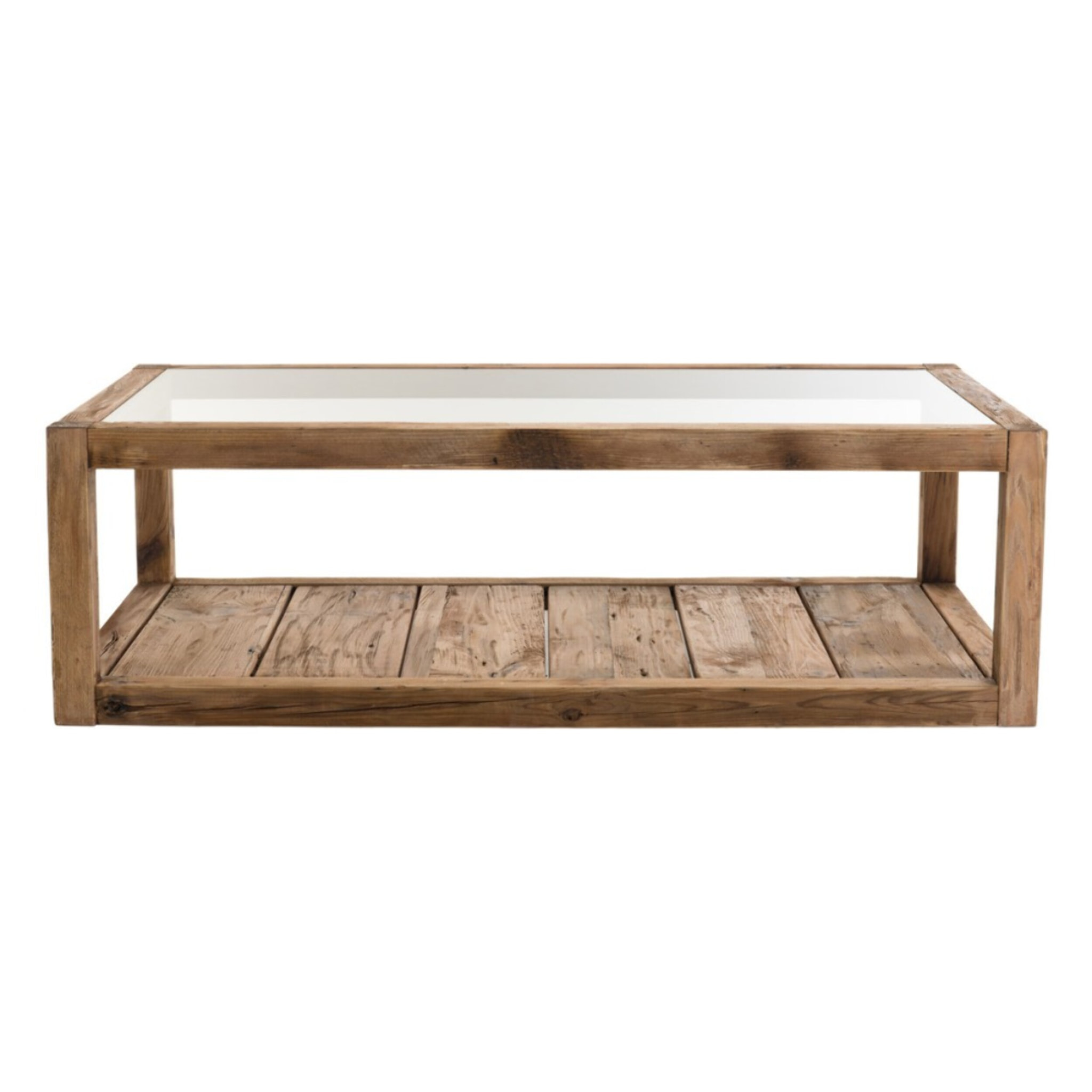 SANDY - Table basse marron 1 plateau verre 1 plateau bois Pin recyclé