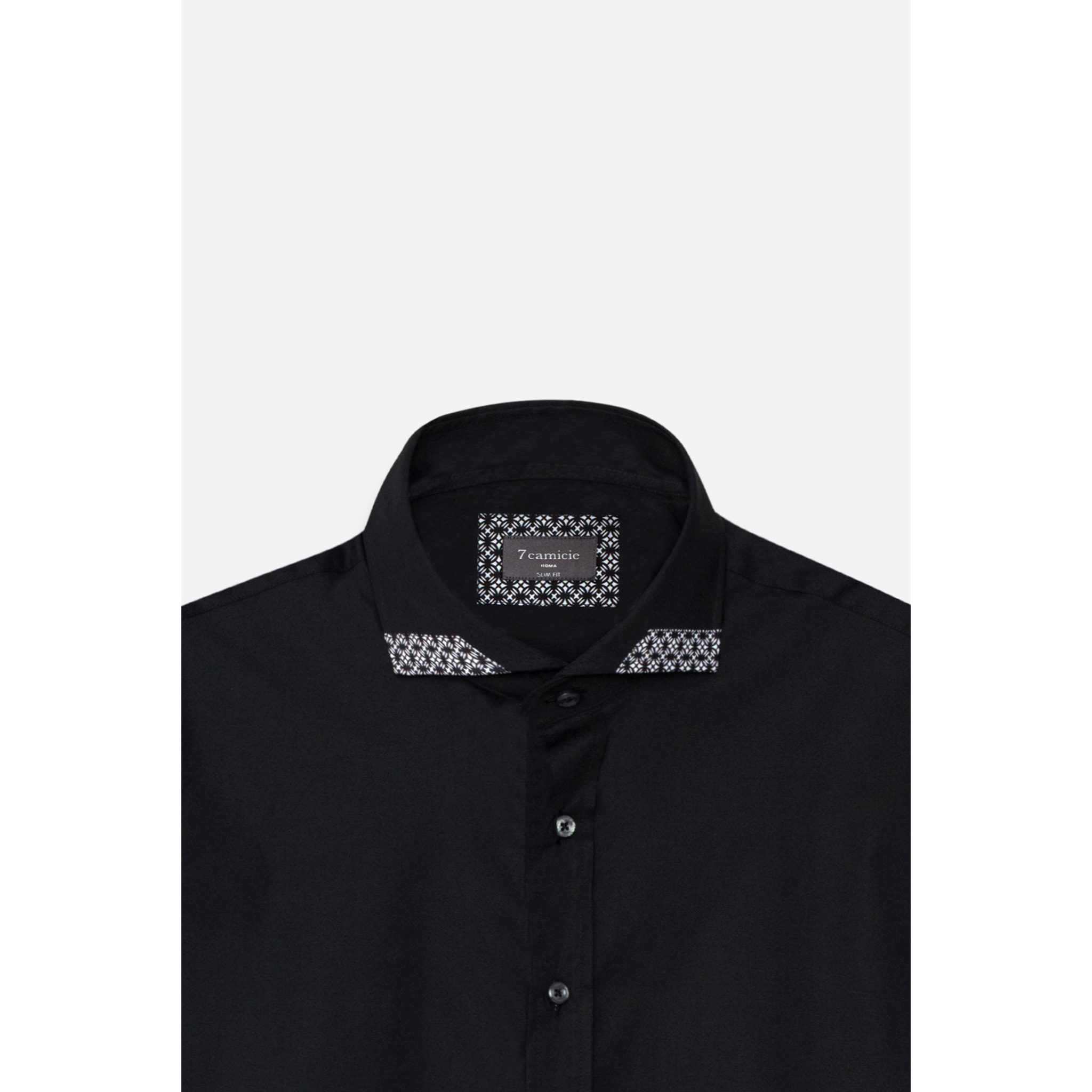 Camicia Uomo 1 Bottone Francese Contrasto sul Collo Popeline Stretch Unito Nero