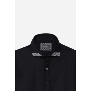 Camicia Uomo 1 Bottone Francese Contrasto sul Collo Popeline Stretch Unito Nero