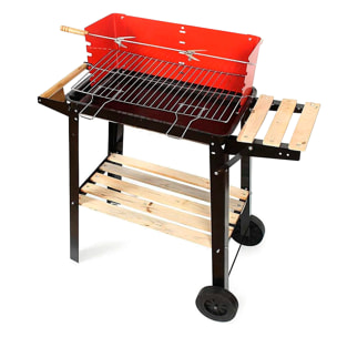 Griglia a carbone portatile con ruote e spiedo.