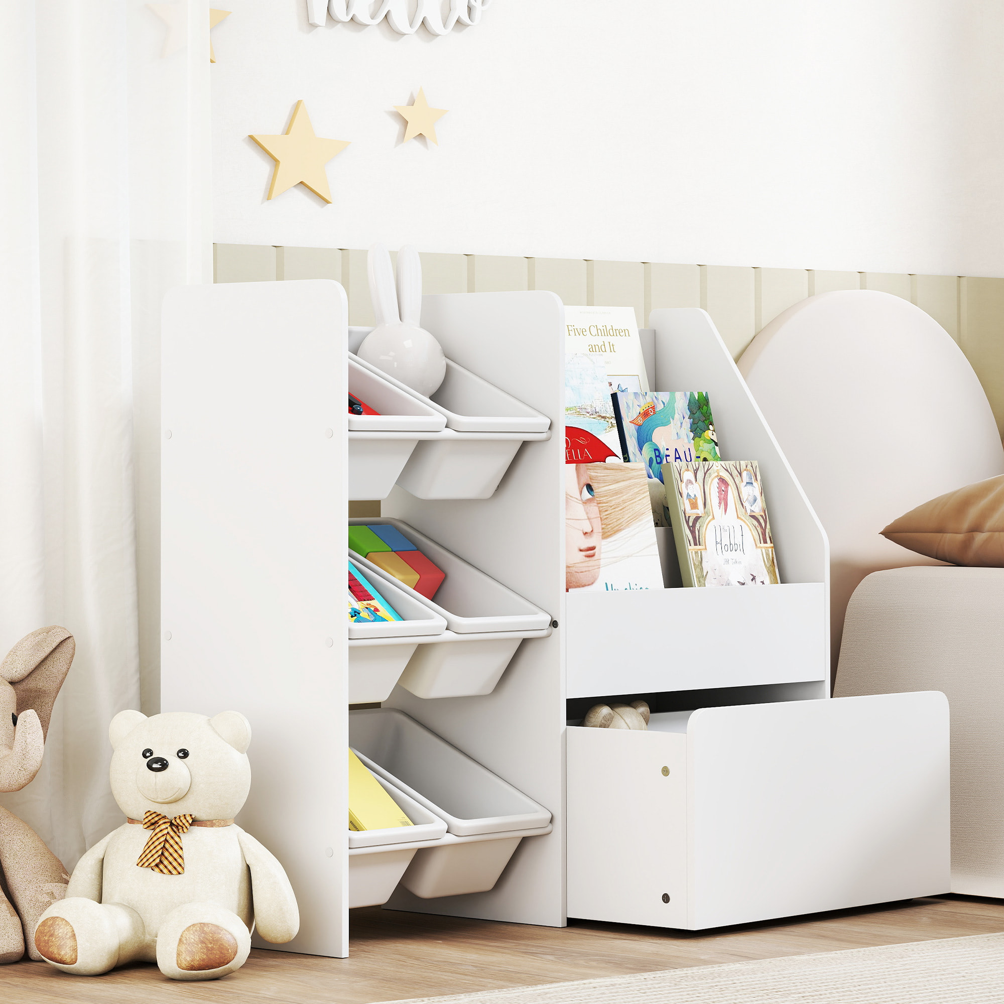 Rangement enfant 3 en 1 - structure bacs x 6, coffre à jouet, bibliothèque - blanc