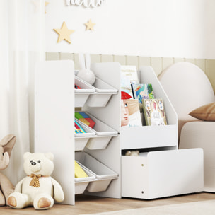 Rangement enfant 3 en 1 - structure bacs x 6, coffre à jouet, bibliothèque - blanc