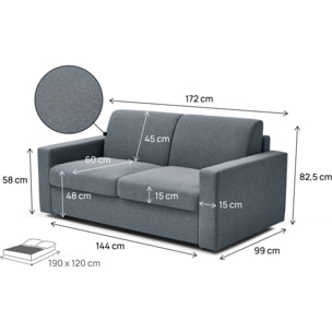 Canapé convertible express en tissu "Diana" - Couchage 120 cm - 2 places - Gris