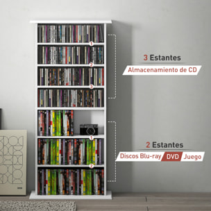 Estantería para CDs y DVDs Soportes para CD Estrechos con 8 Compartimentos Estantes Ajustables para Salón Oficina 58x24x126,3 cm Blanco