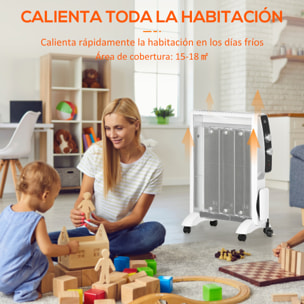 HOMCOM Calefactor Eléctrico 750W/1500W Radiador de Mica con 2 Niveles de Potencia Termostato Regulable y 4 Ruedas para Sala de 15-18 m² Silencioso 47x26,5x61,5 cm Blanco