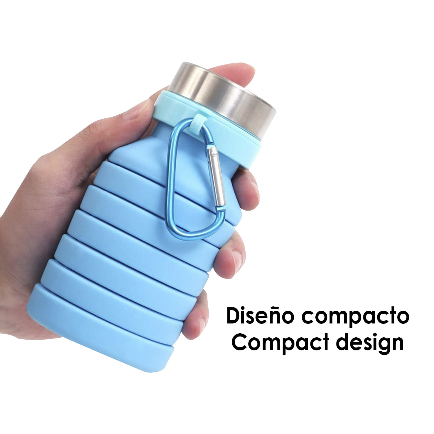 Bottiglia sportiva pieghevole in silicone. 470 a 550ml, senza BPA, tappo a vite in acciaio inossidabile.