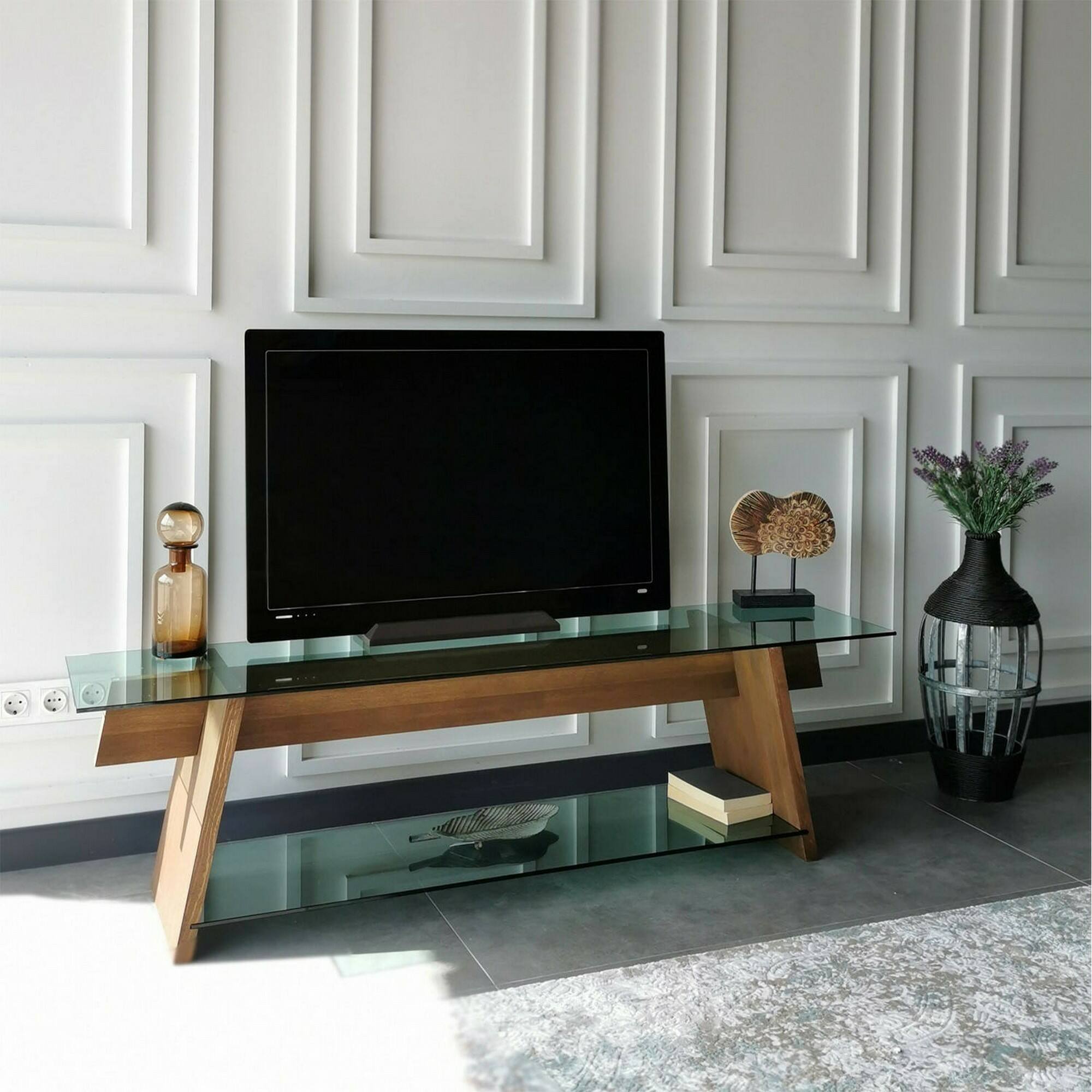 Mobile porta TV Dpotenz, Credenza da soggiorno, Armadio basso per TV, Base parete attrezzata, 158x40h45 cm, Noce e Verde