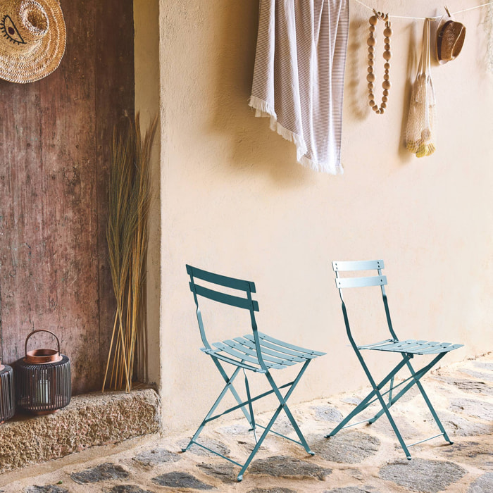 Lot de 2 chaises de jardin bistrot pliables en acier thermolaqué. 49.5 x 41 x 80.5cm