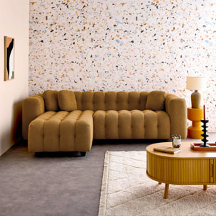 Canapé d'angle réversible 3-4 places bouclette texturée. moutarde. capitonné structure bois d'eucalyptus et contreplaqué