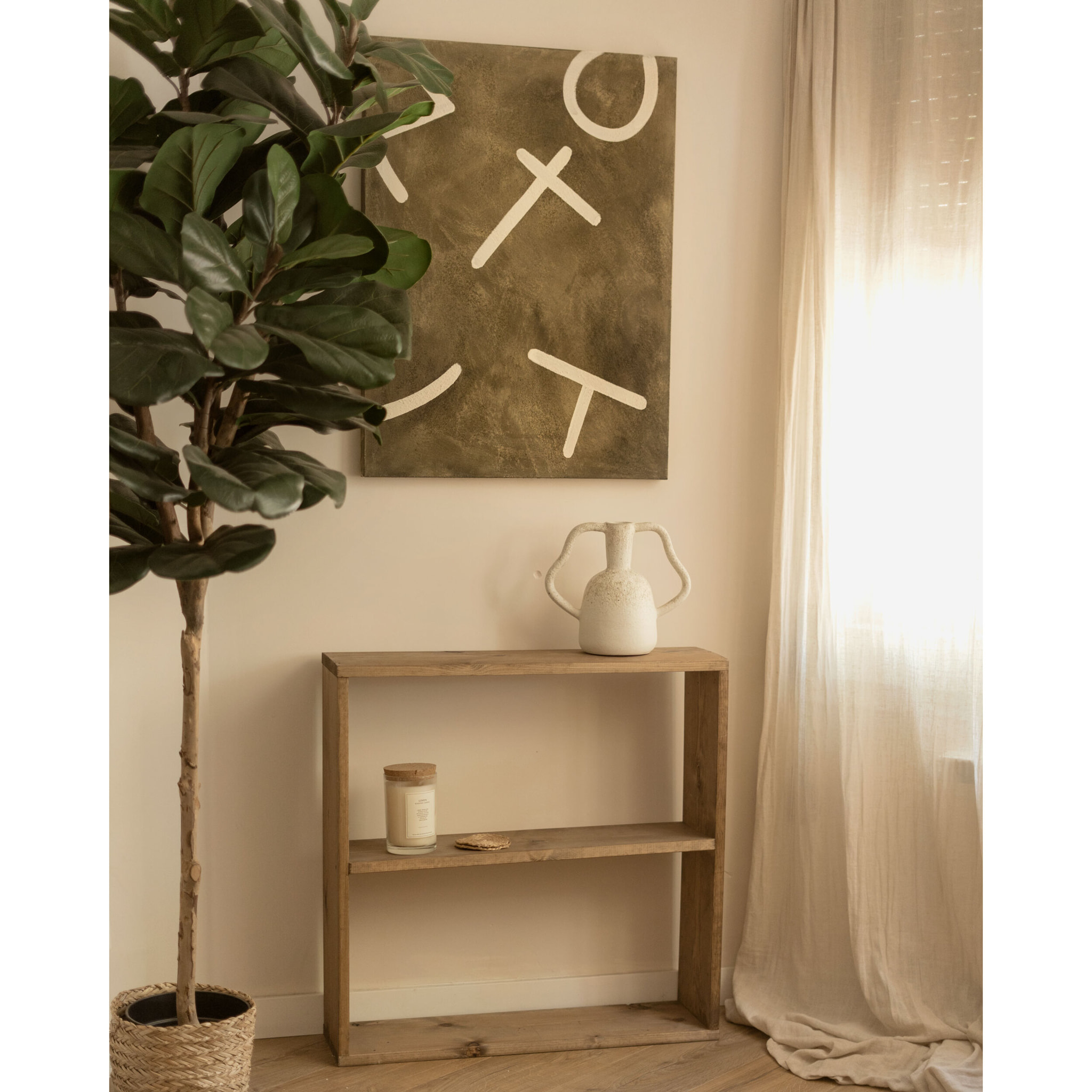 Tableau vert et blanc décoratif sur coton avec cadre en bois peint à la main à la peinture à l'huile en différentes tailles