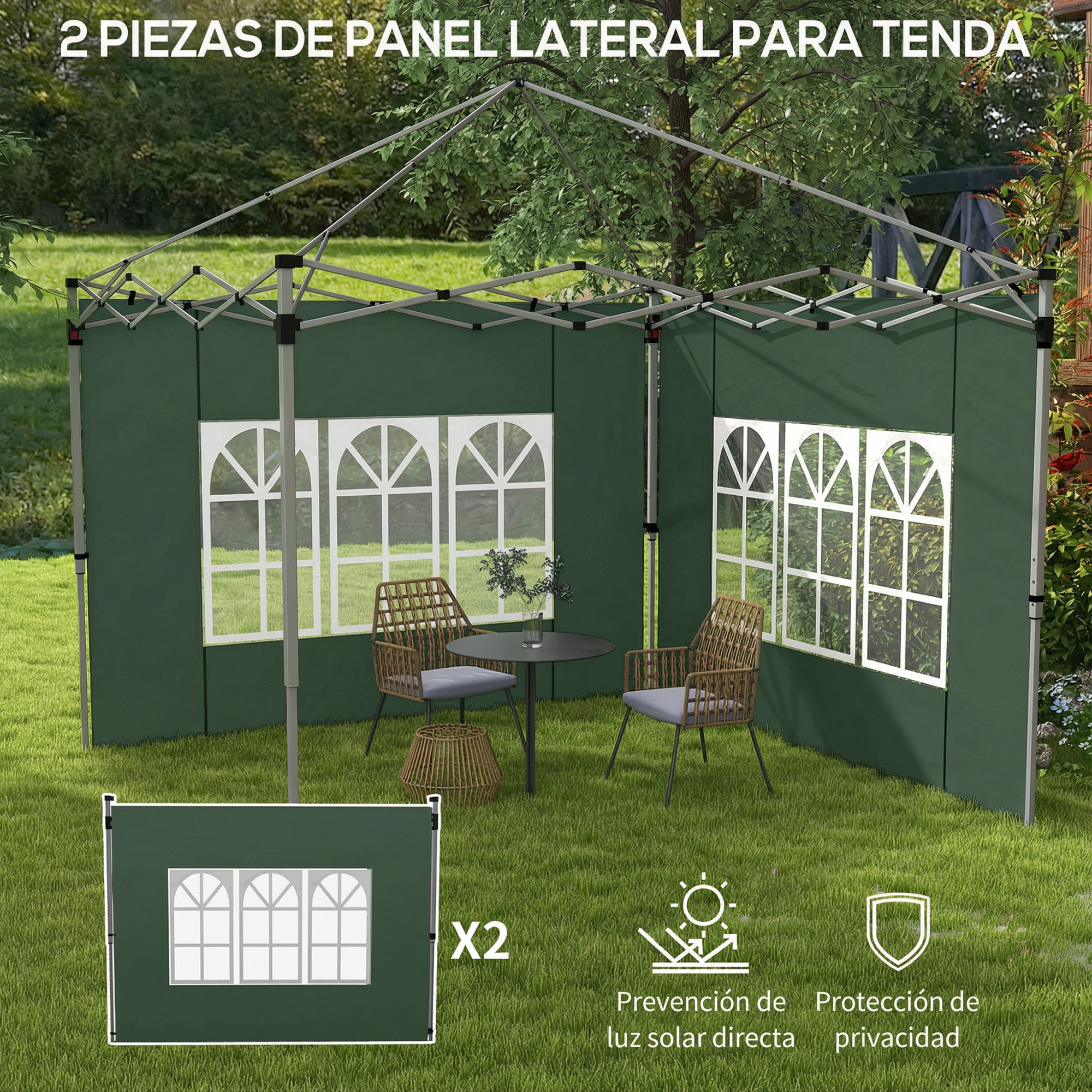 2 Paredes Laterales para Carpas de 3 x 3 / 3 x 4 m, 295x195 cm, Paredes Laterales de Repuesto para Cenador de Tela Oxford con Ventana, para Jardín, Exteriores, Fiestas, Verde