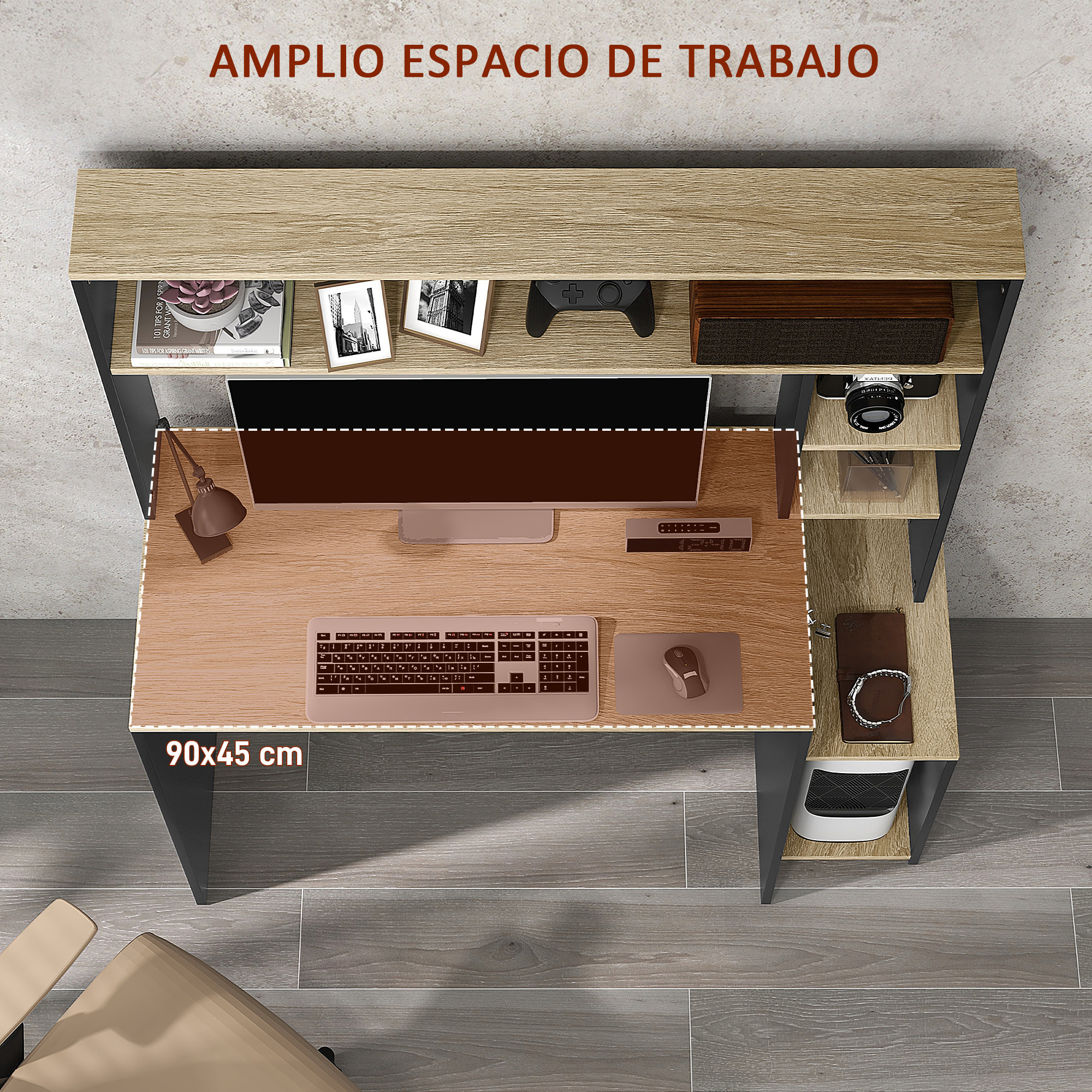 Mesa de Ordenador Moderna Mesa de Escritorio con Estantes Escritorio con Estanterías Soporte para Monitor CPU para Oficina Estudio 114x45x138 cm Gris y Natural