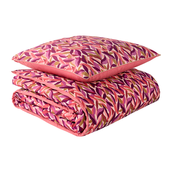 Parure de lit Housse de couette +Taie rectangle en percale de coton, LEAVES, Rose foncé