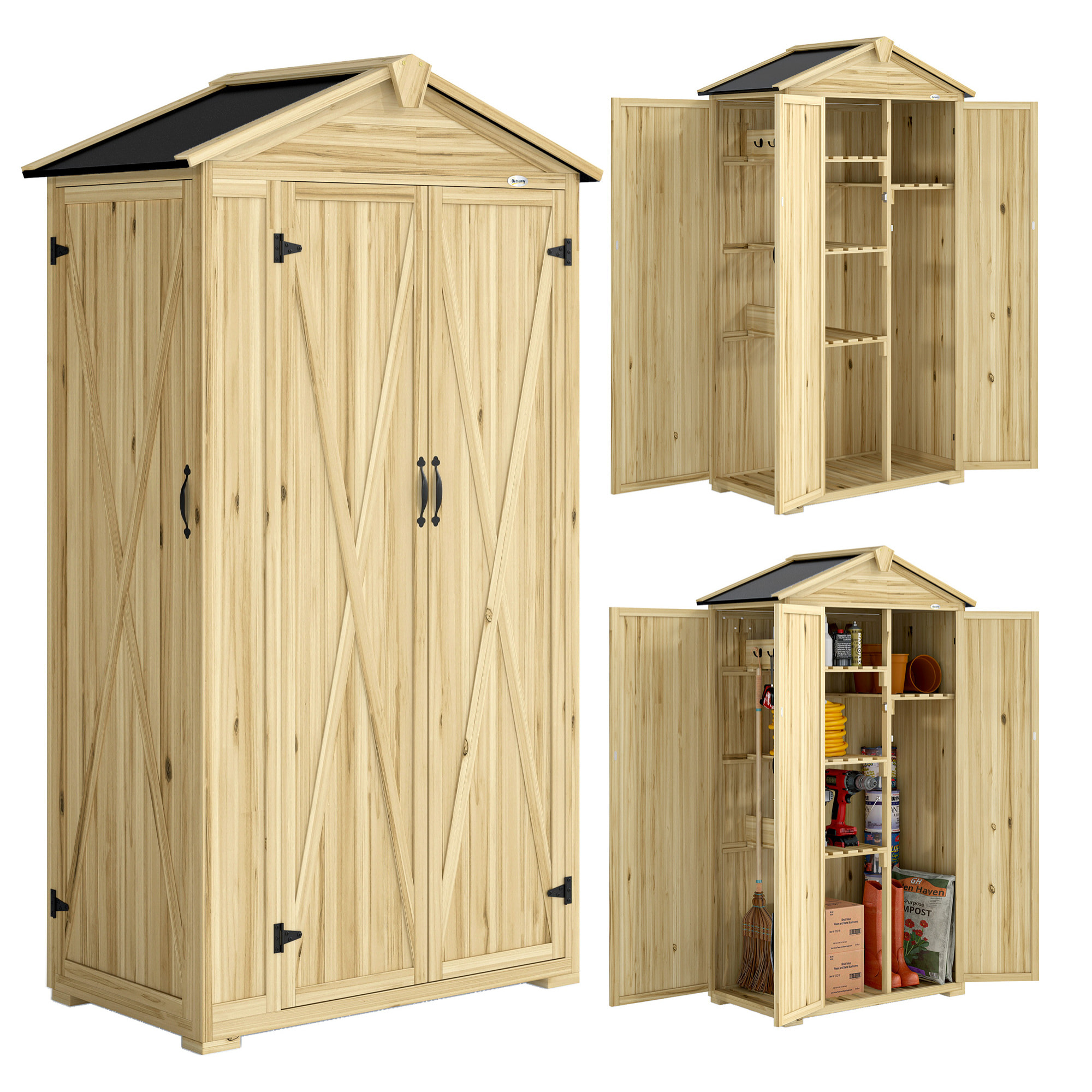 Caseta de Jardín de Madera 93x53x168 cm, Cobertizo Jardín Exterior, Armario Exterior para Herramientas con Puertas Bloqueables, 4 Estantes, Techo Asfáltico Inclinado y Ganchos, Madera Natural