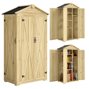 Caseta de Jardín de Madera 93x53x168 cm, Cobertizo Jardín Exterior, Armario Exterior para Herramientas con Puertas Bloqueables, 4 Estantes, Techo Asfáltico Inclinado y Ganchos, Madera Natural