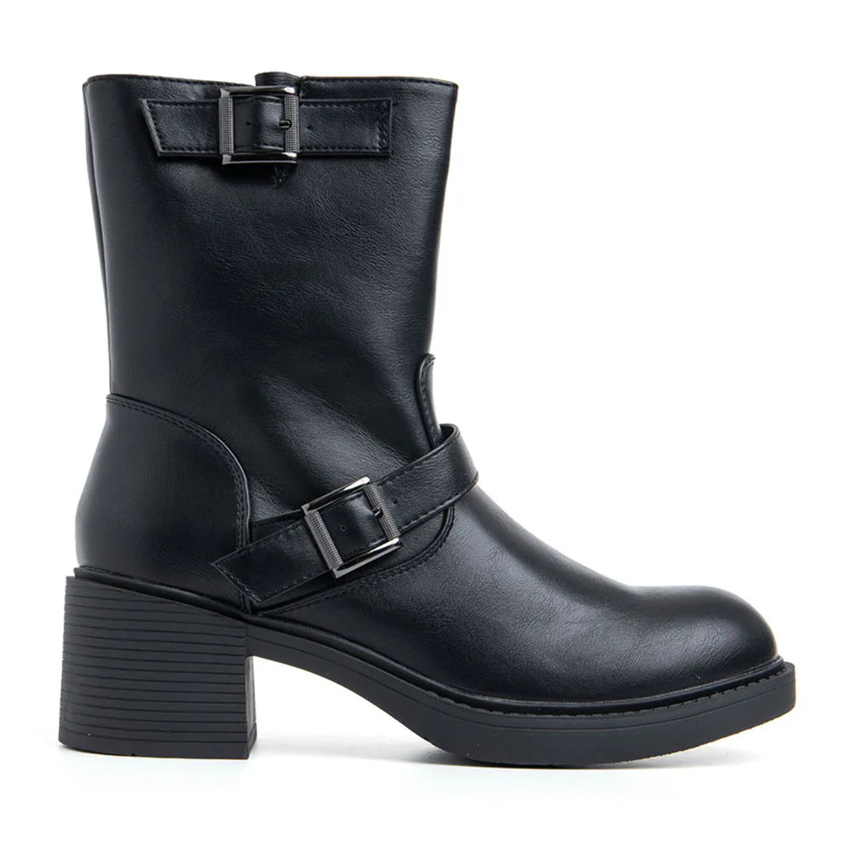 Stivaletto con doppia fibbia e tacco largo - NERO