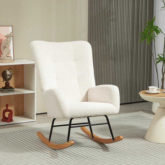 Fauteuil à bascule style nordique haut dossier oreilles piètement bois hévéa effet laine bouclée