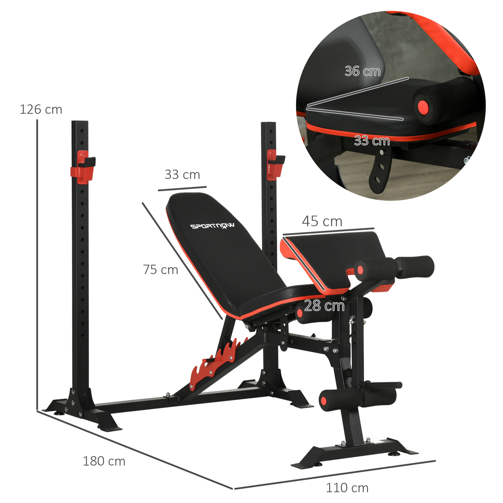 Banco de Musculación Multifuncional Banco de Pesas con Respaldo Reclinable y Soporte de Barras Ajustable para Entrenamiento Abdominal Piernas Brazos y Pecho Carga 150 kg 180x110x126 cm Negro