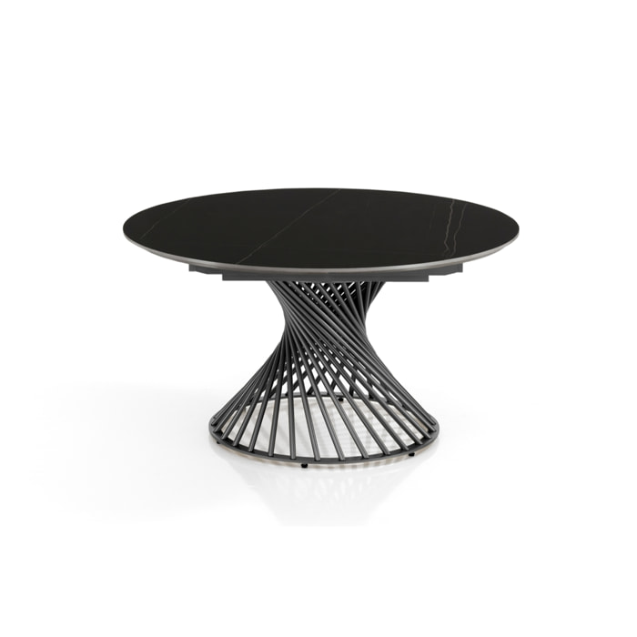 Table à manger ronde extensible Tomasucci JORUM, céramique effet marbre noir, piètement gris, Ø 120/180 cm