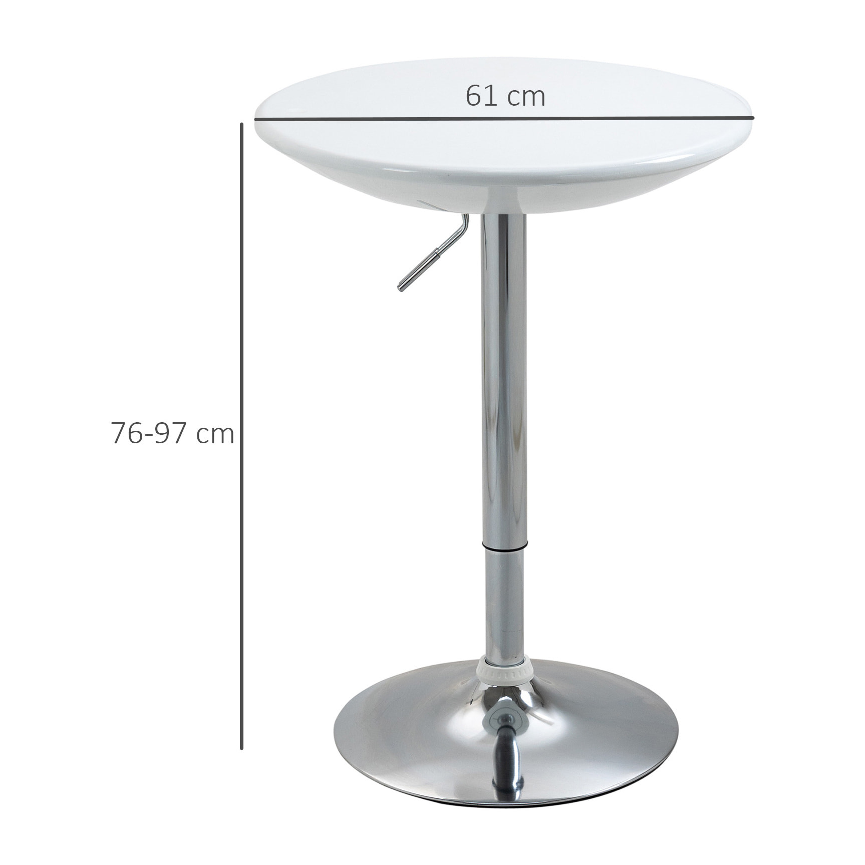 HOMCOM Mesa de Bar Regulable en Altura Giratoria 360Âº con Base Redonda Mesa Alta de Acero Moderna para Cocina Comedor Cafetería 61x61x76-97 cm Blanco